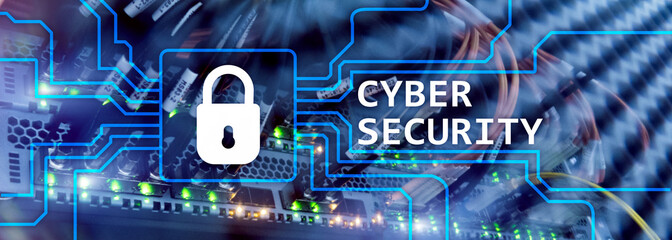 Cyber security, information privacy and data protection concept on server room background.