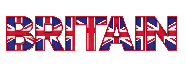Fototapeta na wymiar Britain word made from union jack flag lettering. 3D Rendering