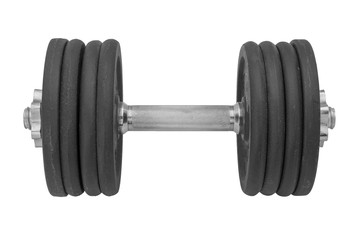 Obraz na płótnie Canvas big black metal gym dumbbell with chrome silver handle isolated on white background