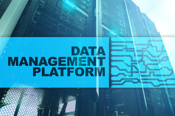 Data management and analysis platform concept on server room background.