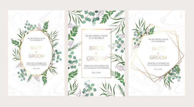 Wedding floral invitation, thank you modern card: rosemary, eucalyptus branches on white marble texture with a golden geometric pattern. Elegant rustic template. All elements are isolated and editable