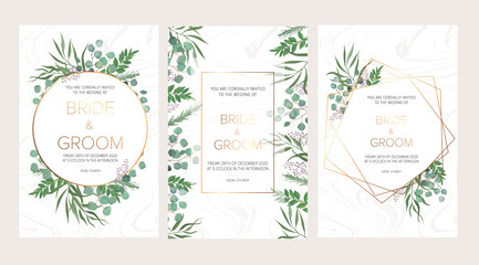 Wedding floral invitation, thank you modern card: rosemary, eucalyptus branches on white marble texture with a golden geometric pattern. Elegant rustic template. All elements are isolated and editable