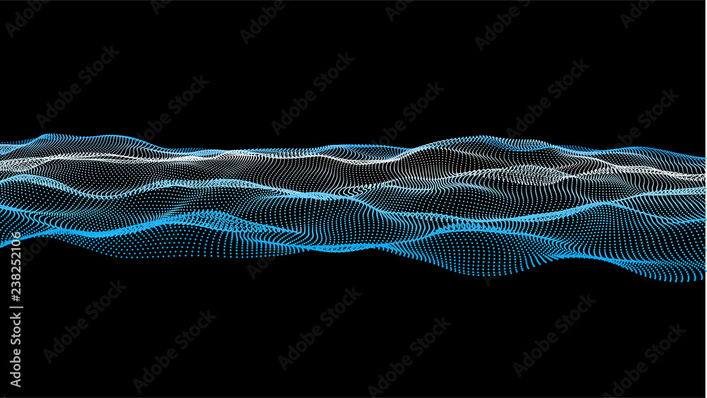 Poster Futuristic point wave.Wave of particles. Abstract background with a dynamic wave. Vector illustration.