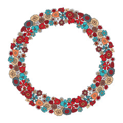 Round wreath with hand-drawn colorful orange, blue, brown, red abstract flowers isolated on white background. Floral circle template with stylized herbs with space for text