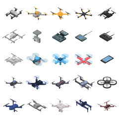 Drone icon set. Isometric set of drone vector icons for web design isolated on white background