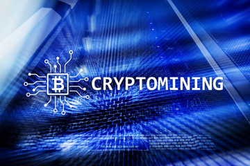 Cryptocurrency mining concept on server room background.