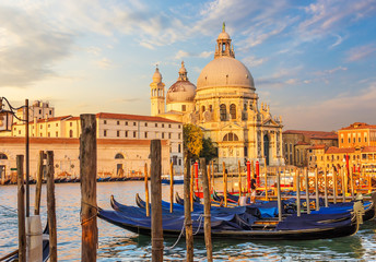 Fototapeta na wymiar Gondolas in front of Santa Maria Della Salute, Venice, Italy