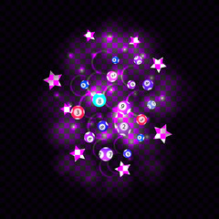Vector Glowing Lottery Illustration on Transparent Background, Light Spots, Stars ans Lotto Balls Explosion.
