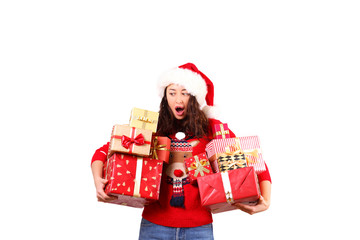 Beautiful smiling young woman wearing knitted sweater celebrating Christmas. Attractive brunette casual female, new years eve. Ugly Christmas sweater concept. Background, copy space, close up portrait