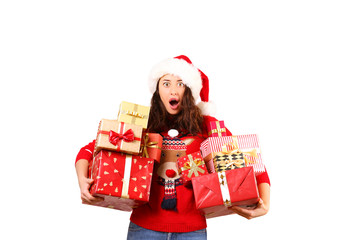Beautiful smiling young woman wearing knitted sweater celebrating Christmas. Attractive brunette casual female, new years eve. Ugly Christmas sweater concept. Background, copy space, close up portrait