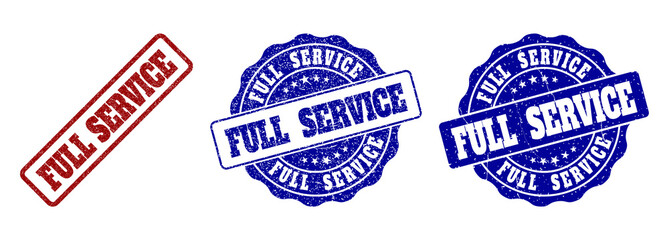 FULL SERVICE grunge stamp seals in red and blue colors. Vector FULL SERVICE marks with grunge texture. Graphic elements are rounded rectangles, rosettes, circles and text labels.