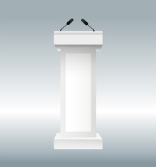 vector illustration of podium tribune with microphones isolated on transparent background. Art design rostrum stands. Abstract concept graphic element for business presentation, conference.