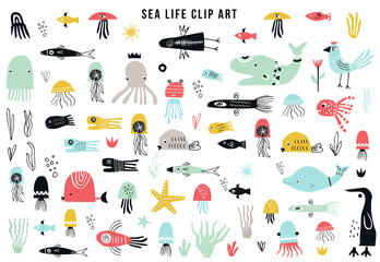 Clipart-Sammlung von Meereslebewesen für große Kinder. Eine große Auswahl an aus Papier geschnittenen Artikeln zum Thema Marine. Vektor-Illustration © Oksana Stepova