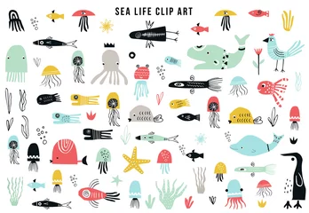 Clipart-Sammlung von Meereslebewesen für große Kinder. Eine große Auswahl an aus Papier geschnittenen Artikeln zum Thema Marine. Vektor-Illustration © Oksana Stepova