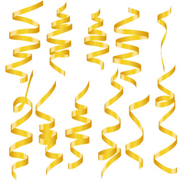 Bright Gold Serpentine on white background. Set of curly ribbons, festive decor elements for holiday, Christmas decoration, party, birthday, festive carnival, greeting cards. Vector illustration.