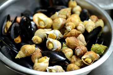 different clams in a metal bowl