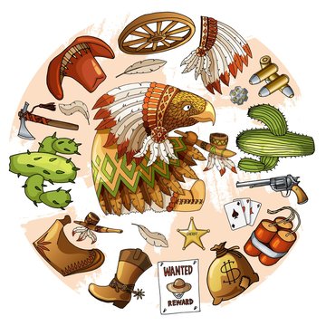 Cartoon character american eagle set of classic western items round design print
