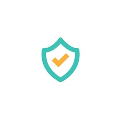 Blue shield with orange tick sign. Vector flat icon isolated on white. security sign.