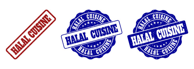 HALAL CUISINE grunge stamp seals in red and blue colors. Vector HALAL CUISINE overlays with distress style. Graphic elements are rounded rectangles, rosettes, circles and text captions.