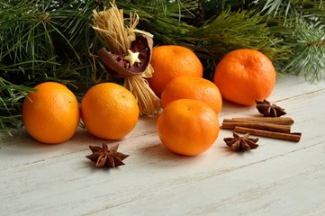 Fresh tangerines with cinnamon and star anise in the Christmas decoration of the table on the background of pine branches.