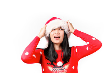 Beautiful smiling asian woman wearing knitted sweater celebrating Christmas. Attractive brunette casual female, new years eve. Ugly Christmas sweater concept. Background, copy space, close up portrait