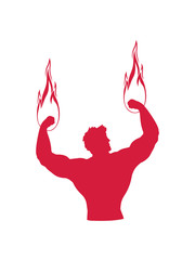 magisch fitness sport muskeln bodybuilder held super kraft brennen heiß flammen feuer faust aufschlagen boxen stark clipart design