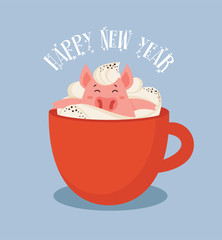 Happy Chinese New Year greeting card , year of a pig. Cute and funny piglet chilling in a cup of winter drink. Excellent for the design of postcard, poster, sticker, banner and so on.