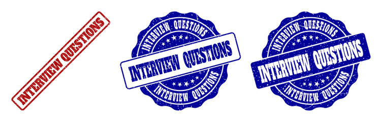 INTERVIEW QUESTIONS grunge stamp seals in red and blue colors. Vector INTERVIEW QUESTIONS imprints with grunge effect. Graphic elements are rounded rectangles, rosettes, circles and text labels.