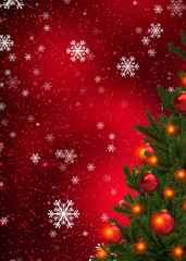 Red Christmas background with Christmas tree and balls. Beautifully decorated Christmas tree against color background, closeup