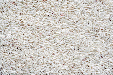 White long rice background, uncooked raw cereals, macro closeup