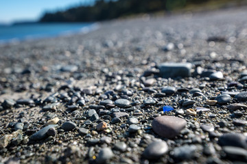 Rare bright blue colored sea glass on the beach amongst pebbles and sand. Possible concept image for standing out from the crowd and being yourself.