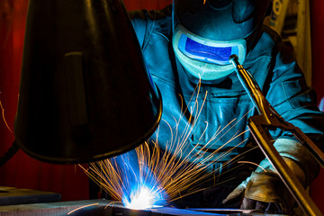 Industrial steel welder in factory welder, craftsman