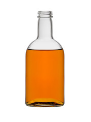 open bottle with the matured alcoholic drink without cover on a white background