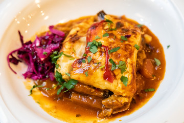 Turkish style moussaka with eggplants, ground beef and potatoes.