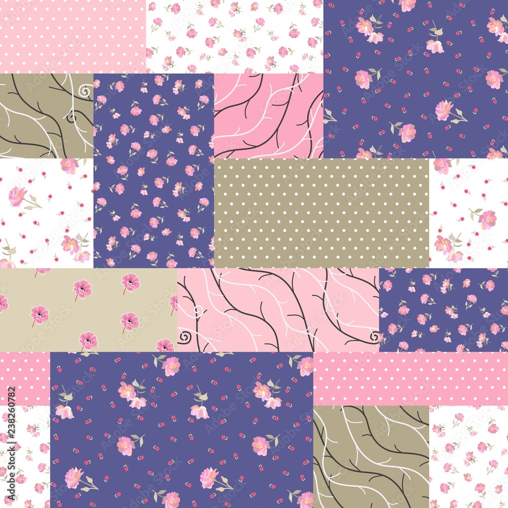 Sticker seamless patchwork pattern from different patches with pink flowers, branches and polka dot ornament