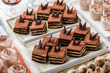 Cakes tiramisu with chocolate, cocoa and candies on holiday background. Delicious dessert and candy bar