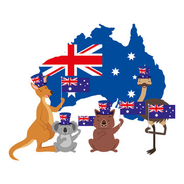 kangaroo koala wombat and emu australian flag map