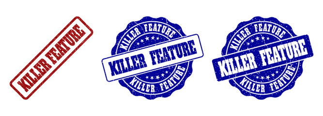 KILLER FEATURE scratched stamp seals in red and blue colors. Vector KILLER FEATURE overlays with distress texture. Graphic elements are rounded rectangles, rosettes, circles and text labels.