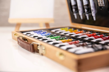 Fototapeta premium Creative wooden case for drawing with watercolors