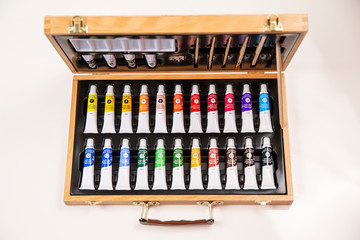 Wooden case paint set with colors top view