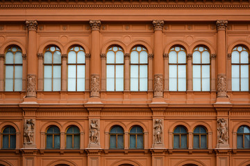 Facade of the Art Museum Riga Bourse on the Dome Square, historic building in the style of Venetian renaissance palazzo.