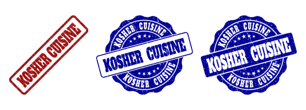 KOSHER CUISINE grunge stamp seals in red and blue colors. Vector KOSHER CUISINE labels with grainy texture. Graphic elements are rounded rectangles, rosettes, circles and text labels.