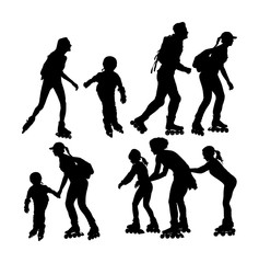 Roller skating couple in love enjoying in park vector silhouette isolated on white background. Skater boy riding wheels with skater girl. Woman and man family rollerblading with backpacks. Healthcare.