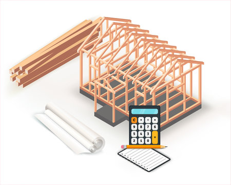 Timber frame house base construction design. Architecture project building, planning and calculations on paper roll. .Isometric concept. Wood frame under construction. Isolated object. Vector image