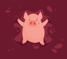 Funny and cute cartoon pig making a snow angel in a mud. Vector illustration. Excellent for the design of postcard, poster, sticker, banner and so on.