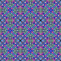 Seamless square bright pattern from geometrical abstract ornaments multicolored in blue, green and violet shades. Vector illustration. Suitable for fabric, wallpaper and wrapping paper