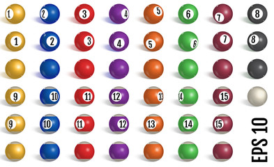 Billiard, pool balls collection. Snooker. Realistic balls on white background. Vector illustration.