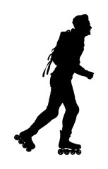 Fototapeta na wymiar Roller skating man in park rollerblading vector silhouette isolated on white background. In-line skating. Skater boy riding wheels. Young man with backpack rollerblading on street. Outdoor activity.
