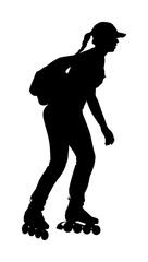 Roller skating girl in park rollerblading vector silhouette isolated on white background. In-line skating. Young woman with backpack on roller, sport action outdoor. Active life in park, health care.