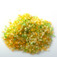 Pile of Yellow himalayan salt on white background